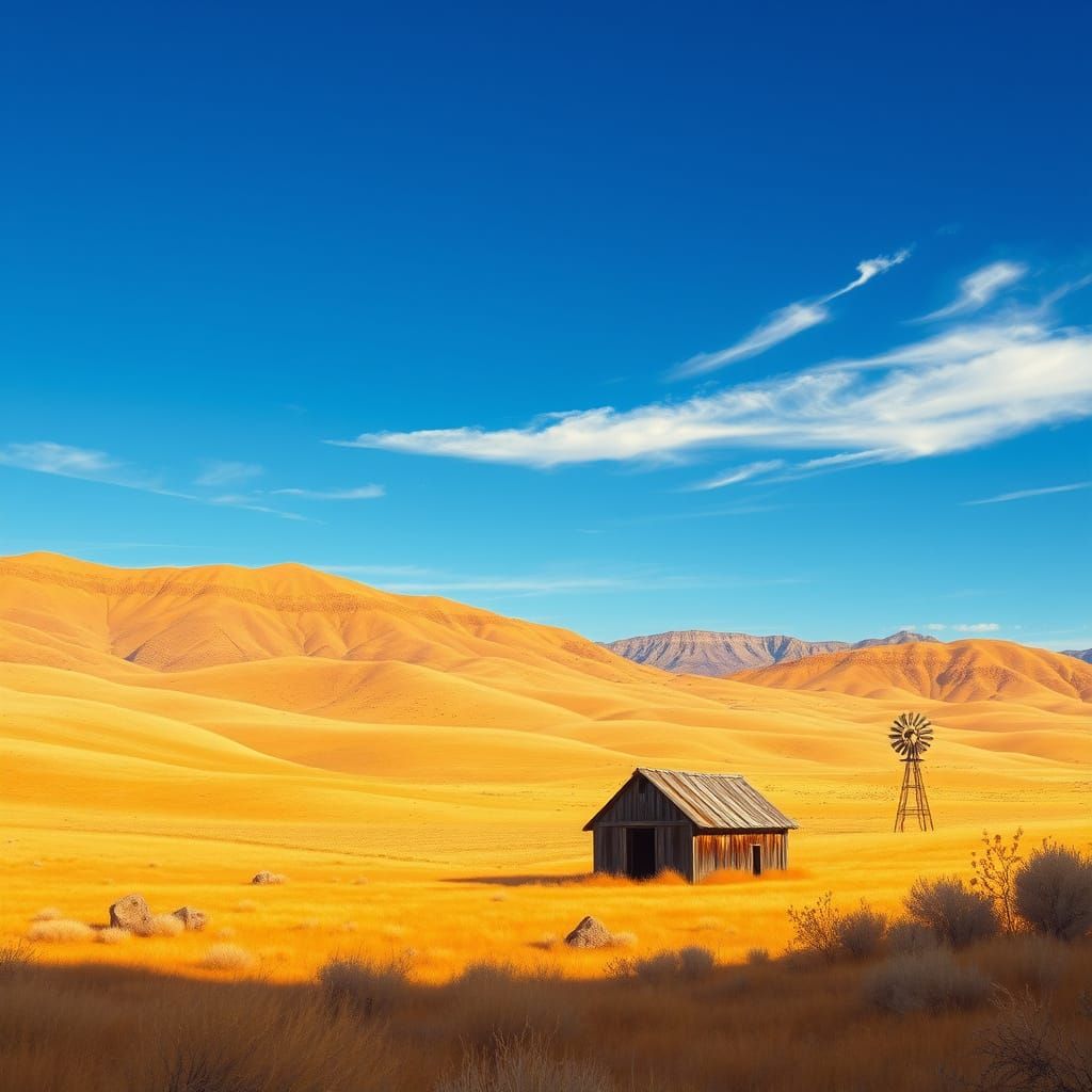 Vast Desert Landscape with Weathered Barn and Windmill in Cl...