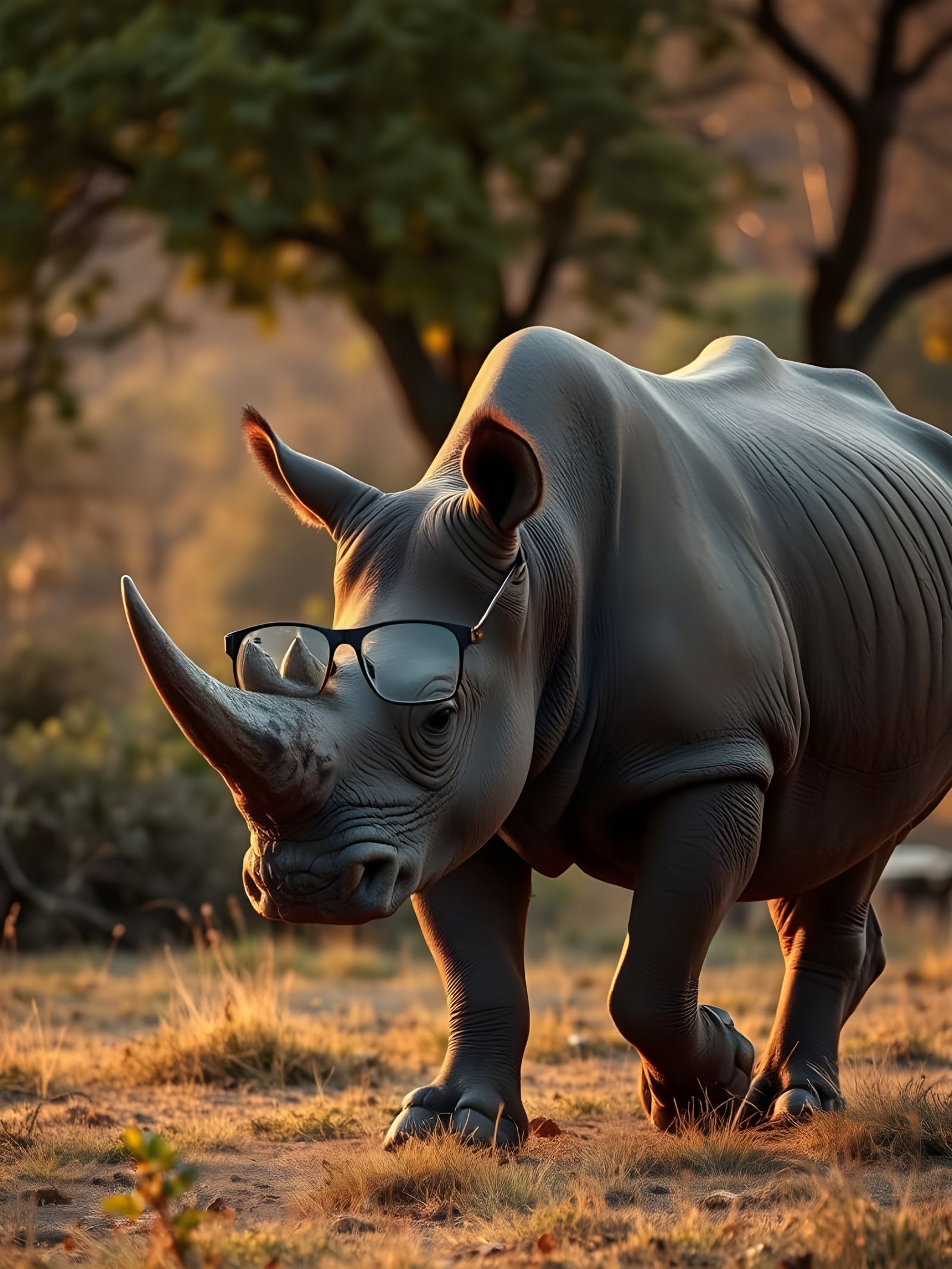 Savannah Sunset Scene with a Rhinoceros in Spectacles