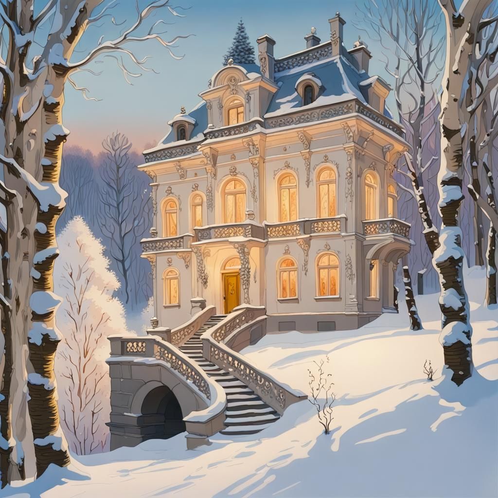 Snowy Rococo Hunting Lodge in Prague: Gouache Sketch