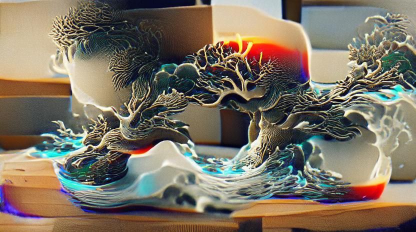 Bonsai Tree with Fluid Simulation in Ukiyo-e Style
