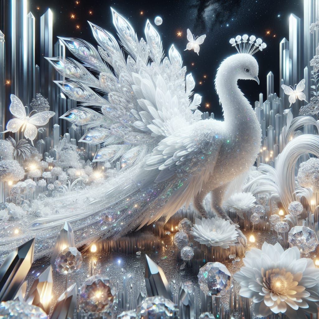 Crystal Albino Peacock in a Celestial Scene