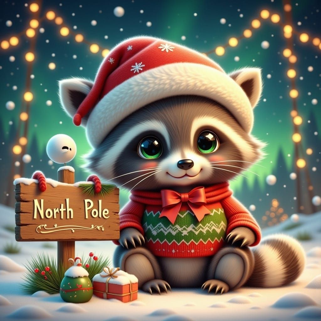 Festive Raccoon at the North Pole: 3D Christmas Illustration