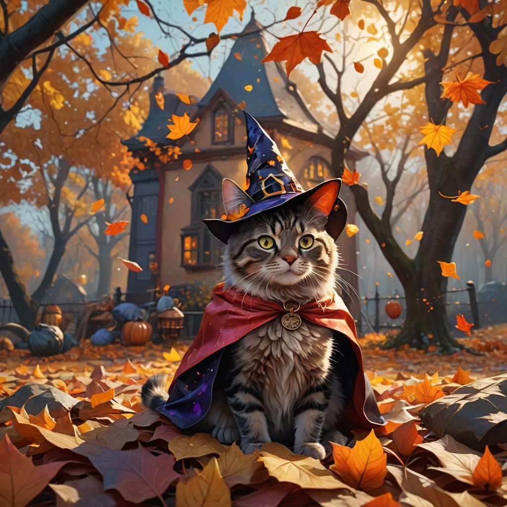 Cat Witch in Autumn Leaves, Vibrant Oil Painting
