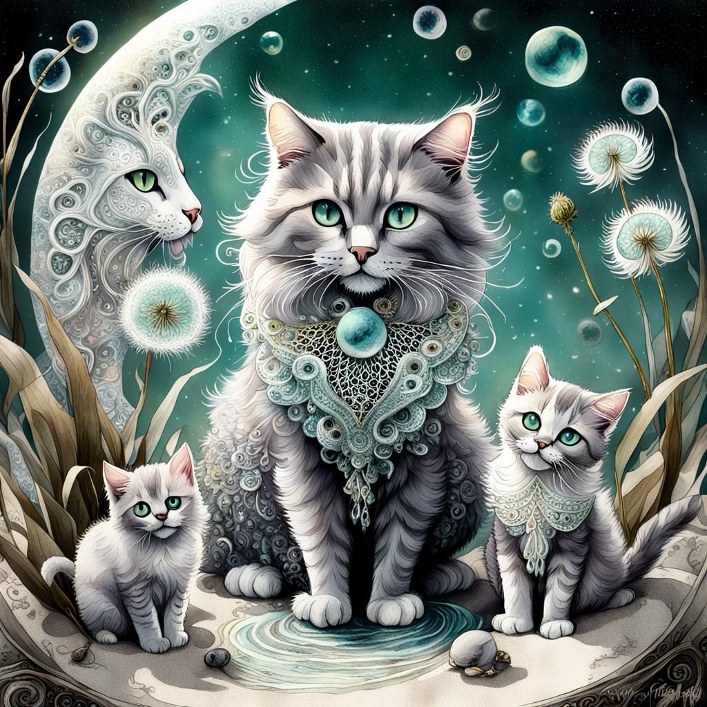 Mythical Cat Family Portrait in Watercolour