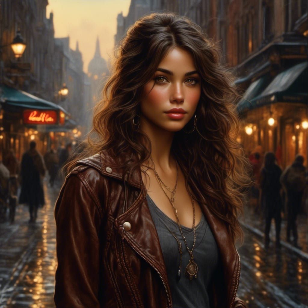 Beautiful Woman on Crowded Street, Hyperrealistic Illustrati...