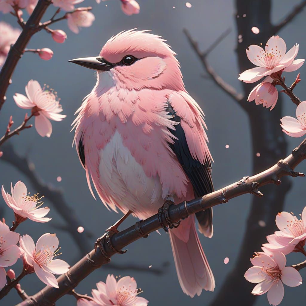 Pink Bird on Cherry Branch in Ukiyo-e Style