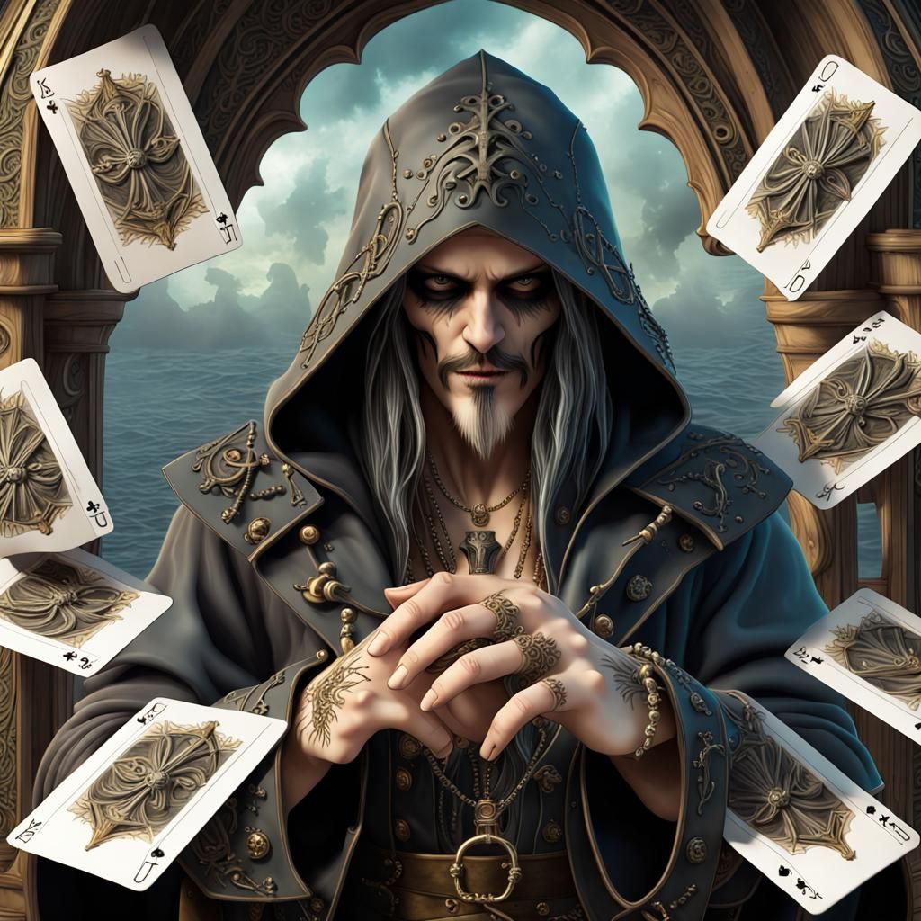 hooded pirate gracefully flipping large tarot cards.