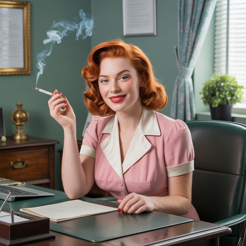 1950s Secretary at Desk, Confident and Sultry