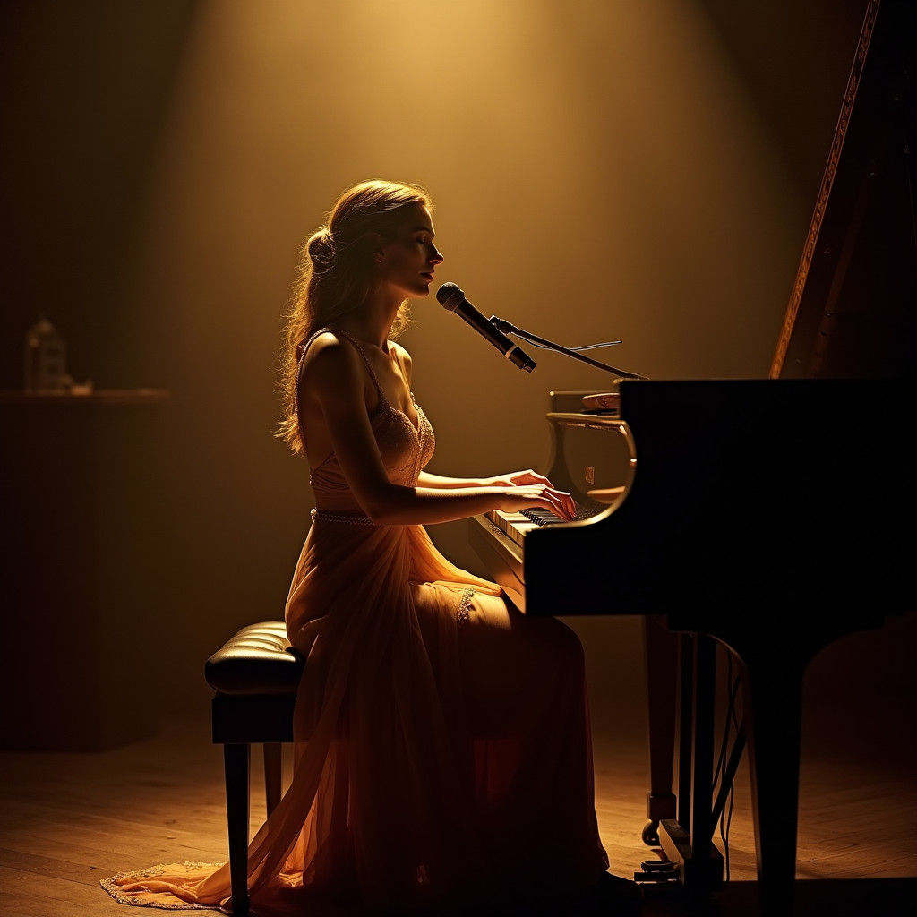 Elegant Folk Singer Performs Grand Piano Ballad in Dimly Lit...