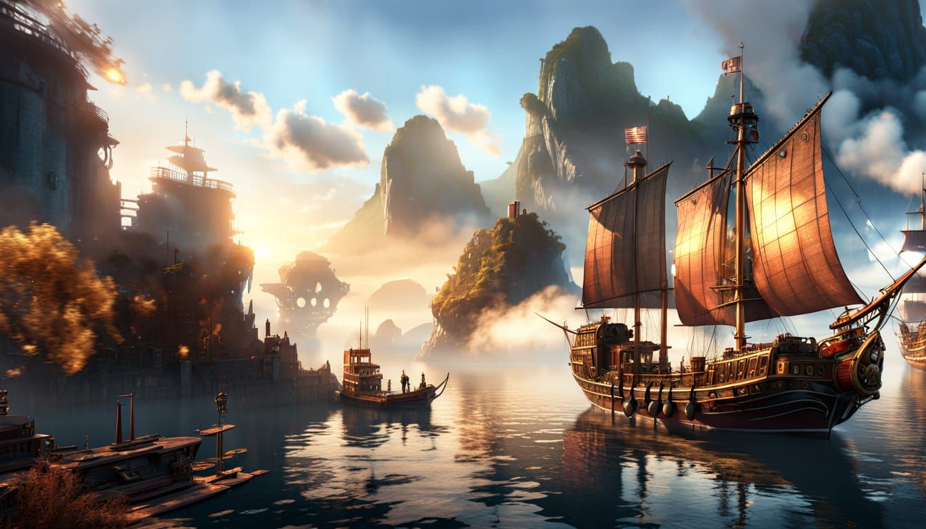 Steampunk Ships in Foggy Harbor: 3D Game Cinematic