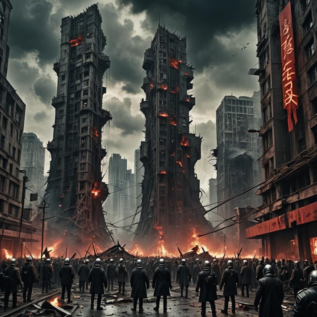 Dystopian City Protest in Surreal Style