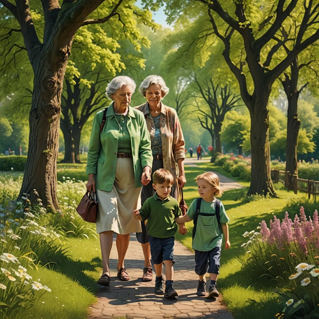 Grandmother and Grandchildren in Sunny Park