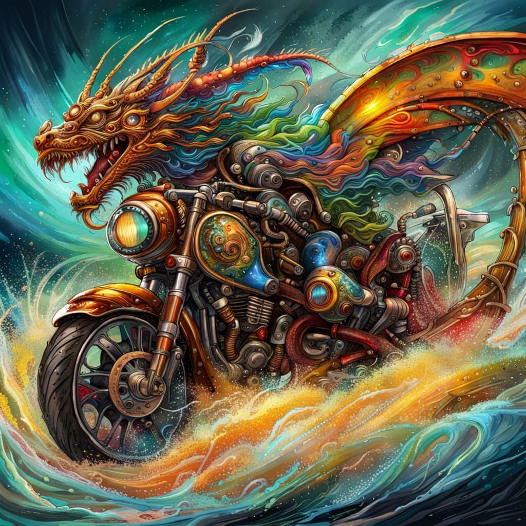 splash art, a liquid steampunk dragon motorcycle