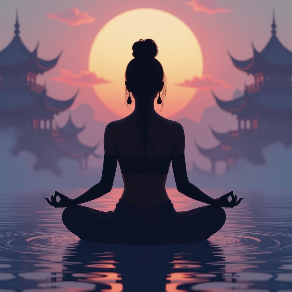 Silhouette in Lotus Pose on Abstract New Year Background