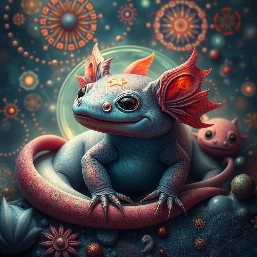 Surreal Axolotl in a Kaleidoscope of Textures and Cosmic Pat...