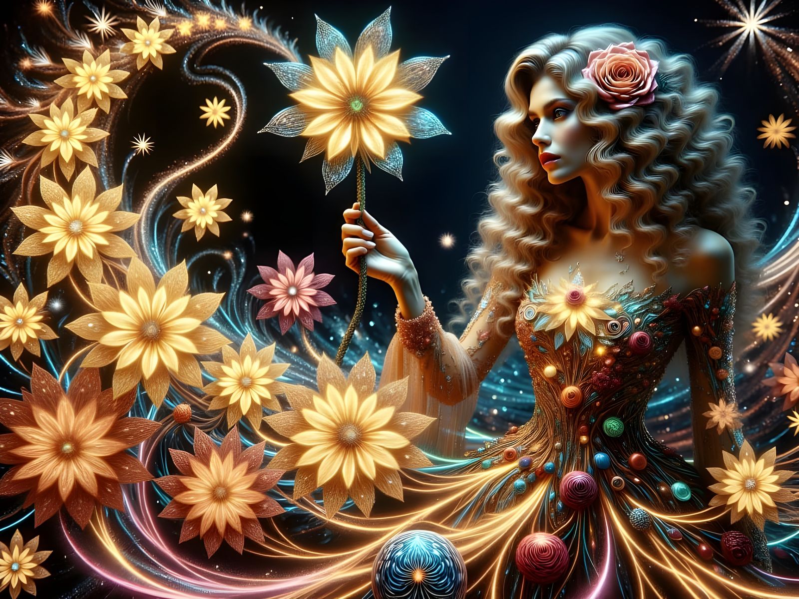 Celestial Sorceress Weaving Daisies in Art Nouveau Style