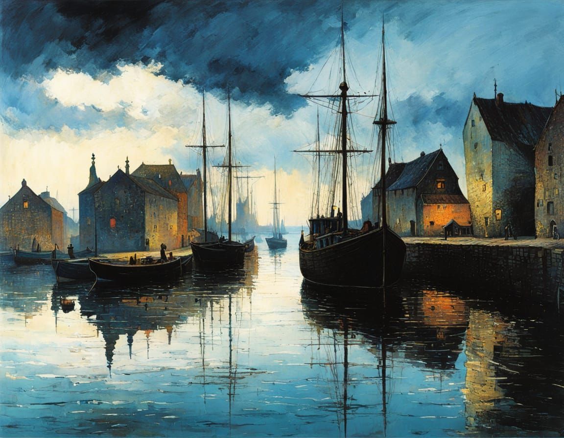 Fishing Village at Sunset, in Expressive Watercolor Style