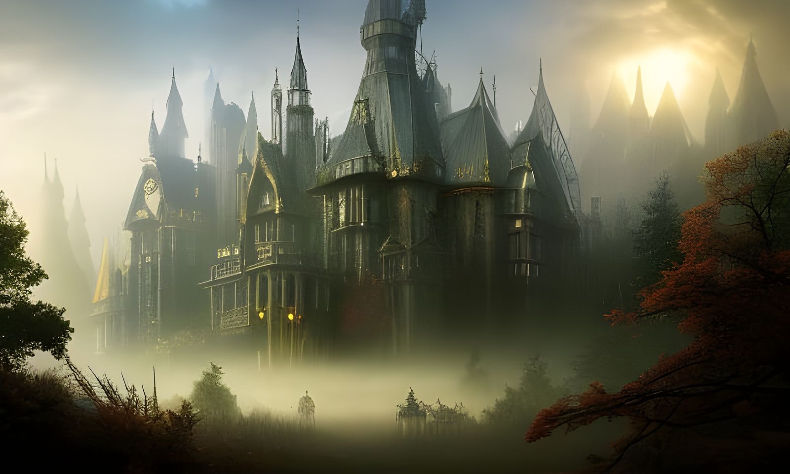 Haunted Mansion in Misty Forest: Dark Fantasy Concept Art