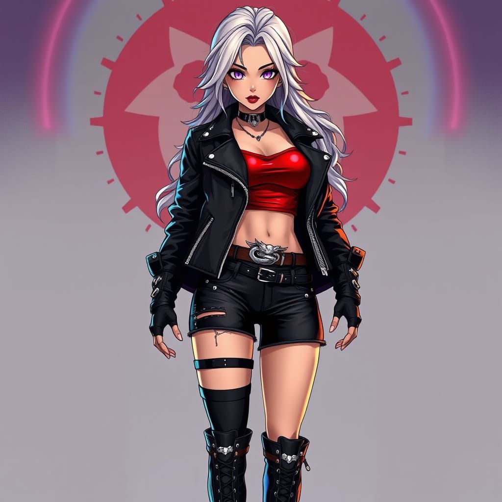 Cyberpunk Anime Goddess in Leather Jacket and Combat Boots