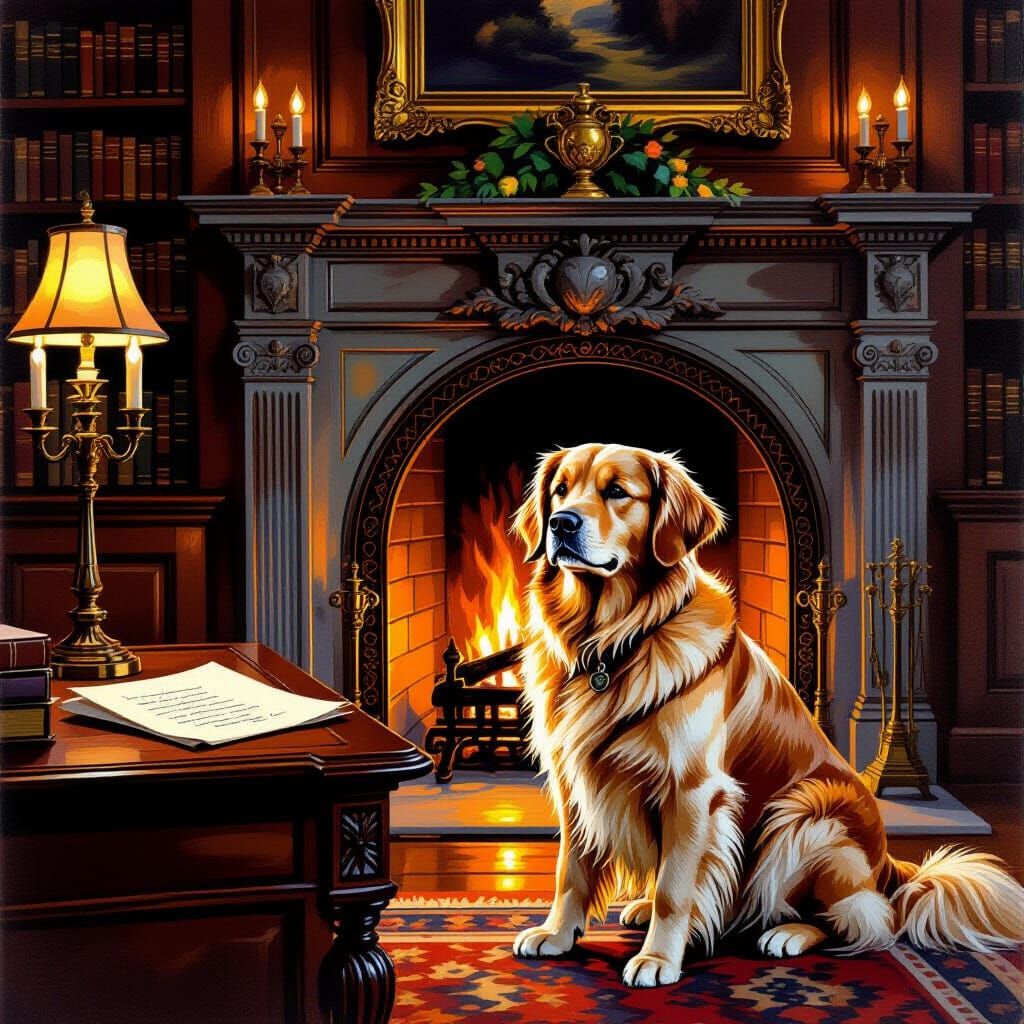 Golden Retriever by Fireplace in Library