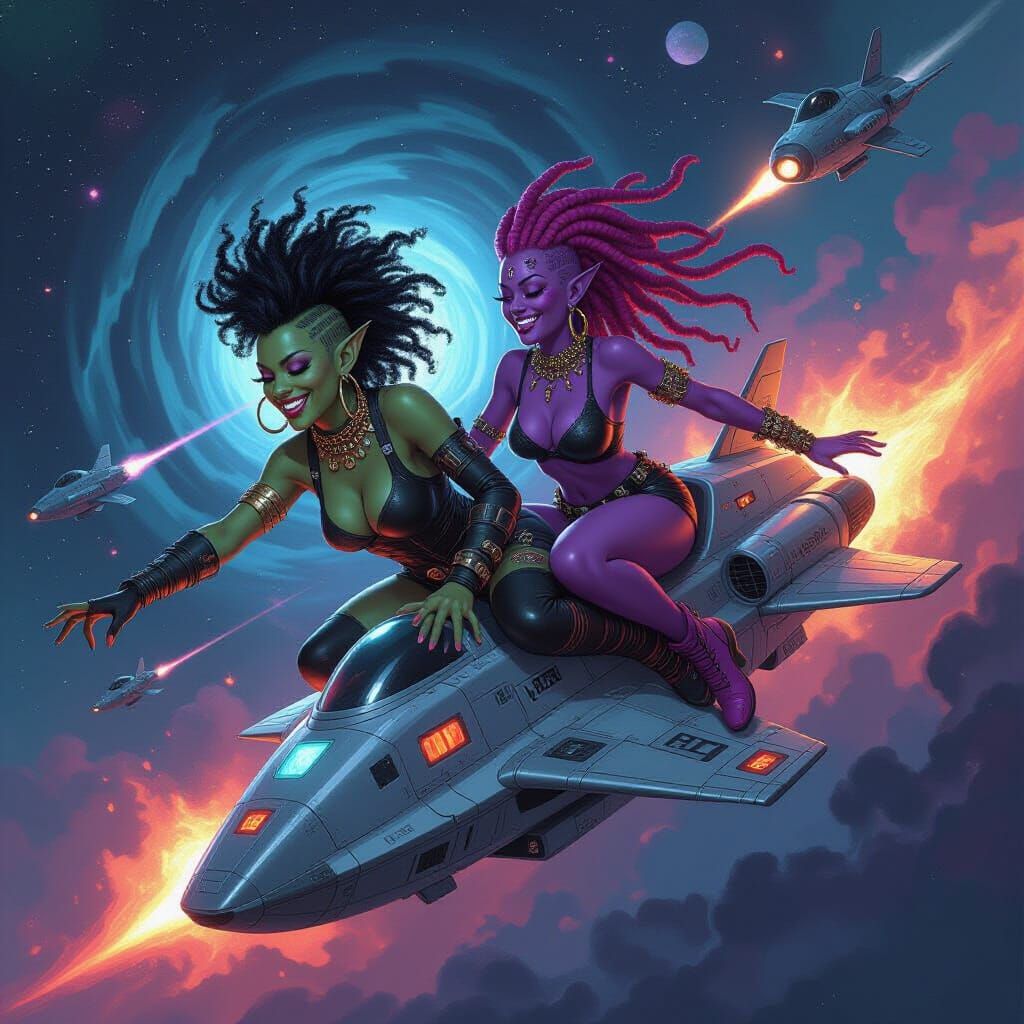 Dragonborn and Tiefling Surfing Spaceships in Outer Space