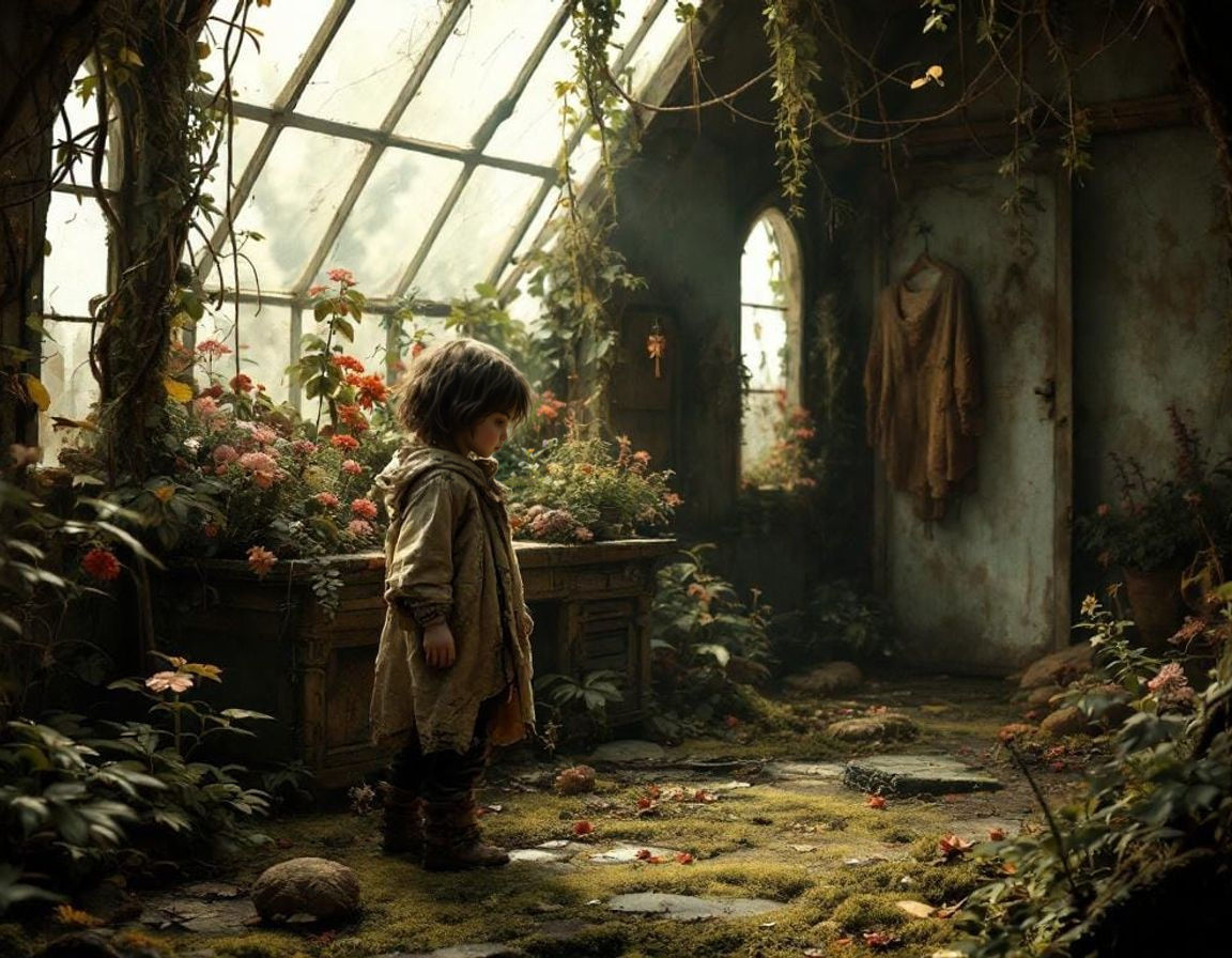 Child Observes Altar in Overgrown Greenhouse