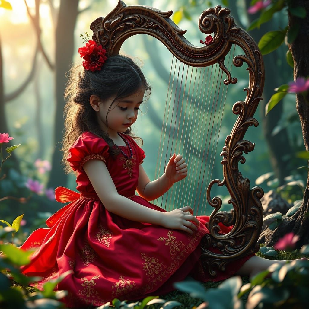 Whimsical Girl Plays Harp in Vibrant Forest Scene