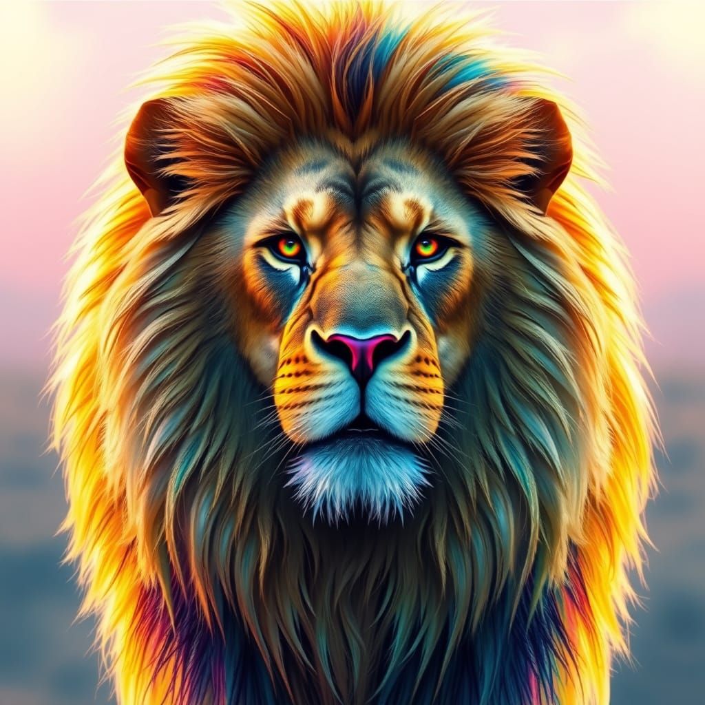 Majestic Lion with Rainbow Mane in Pastel Savanna