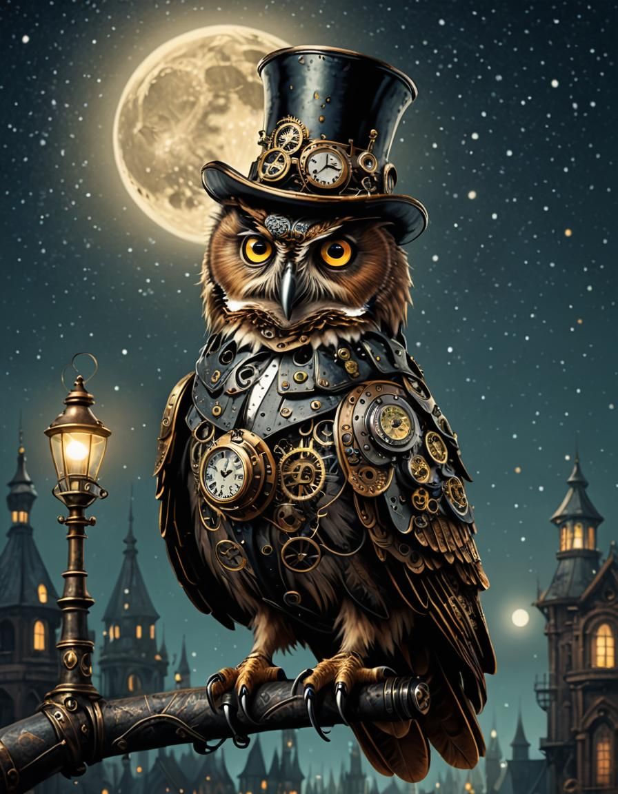 Steampunk Owl with Top Hat at Night