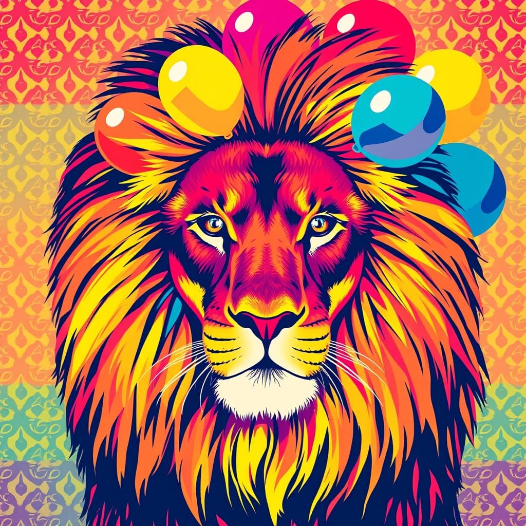 Warhol-Inspired Pop Art Lion with Balloon Mane