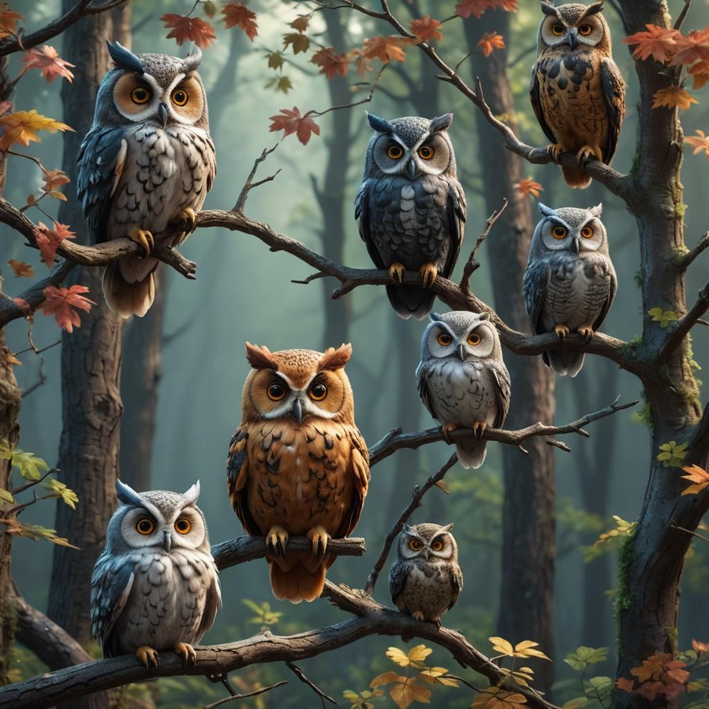 Colorful Fluffy Owls in Spooky Forest, Unreal Engine