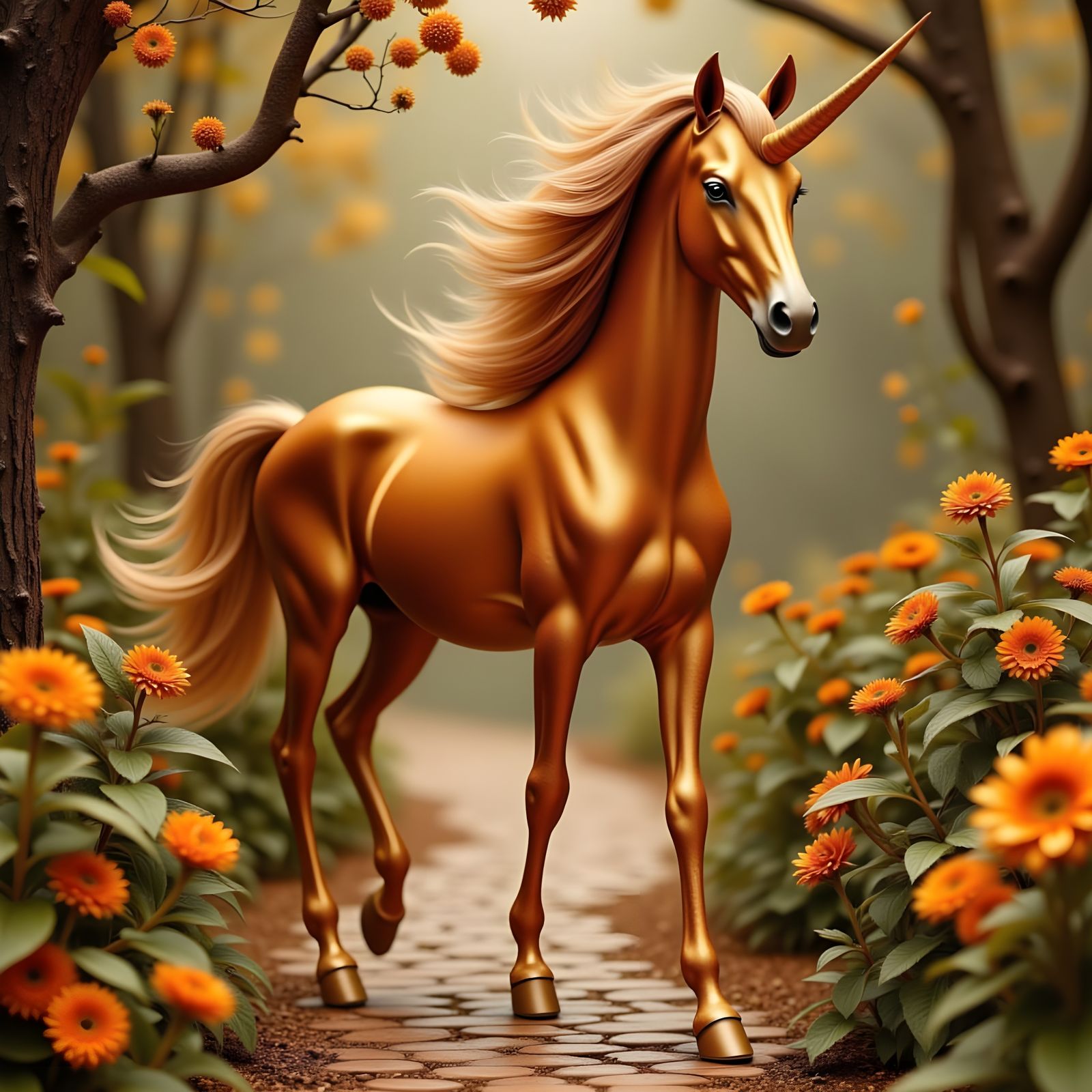 Copper Unicorn in Vibrant Garden Setting