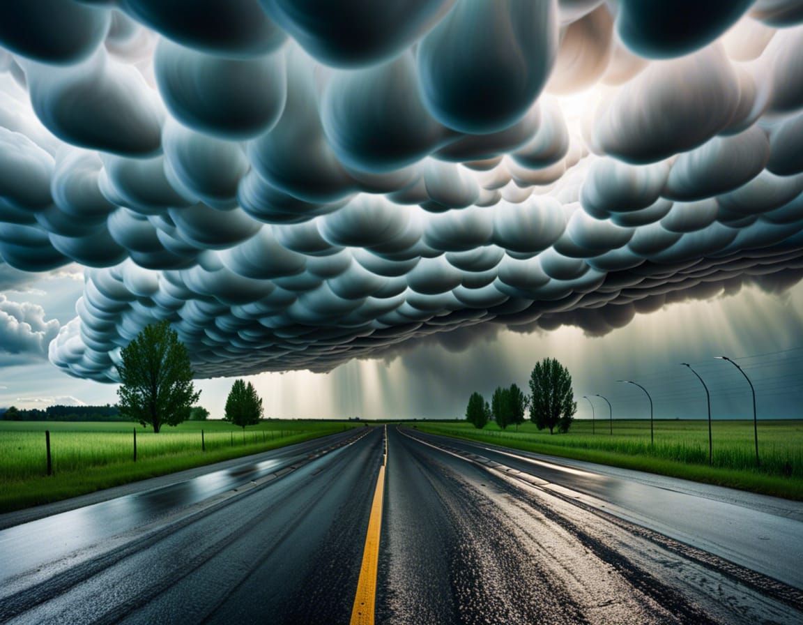 Dramatic Mammatus Clouds over Green Field
