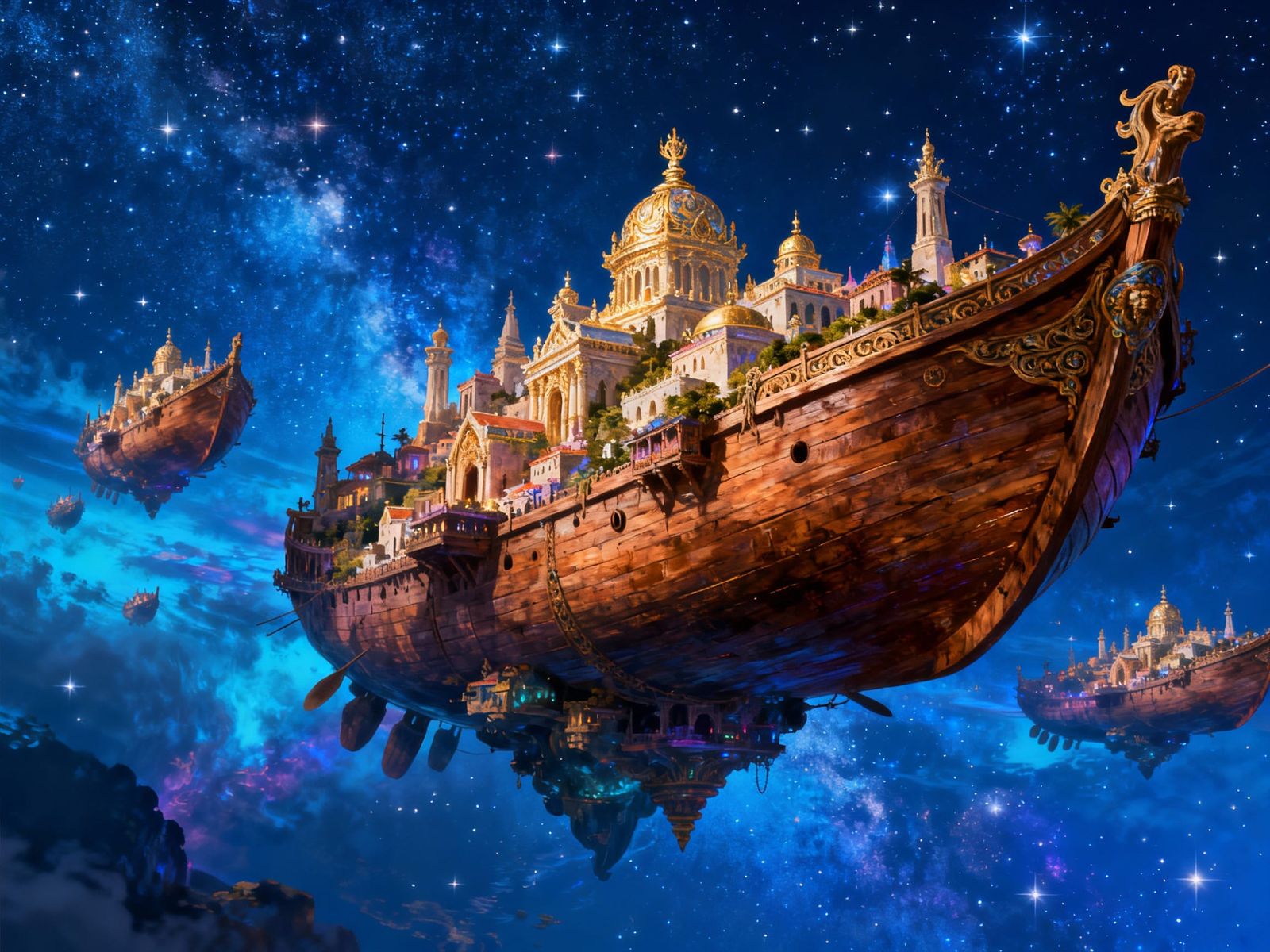 Ancient Airship Cities Floating in Starry Sky