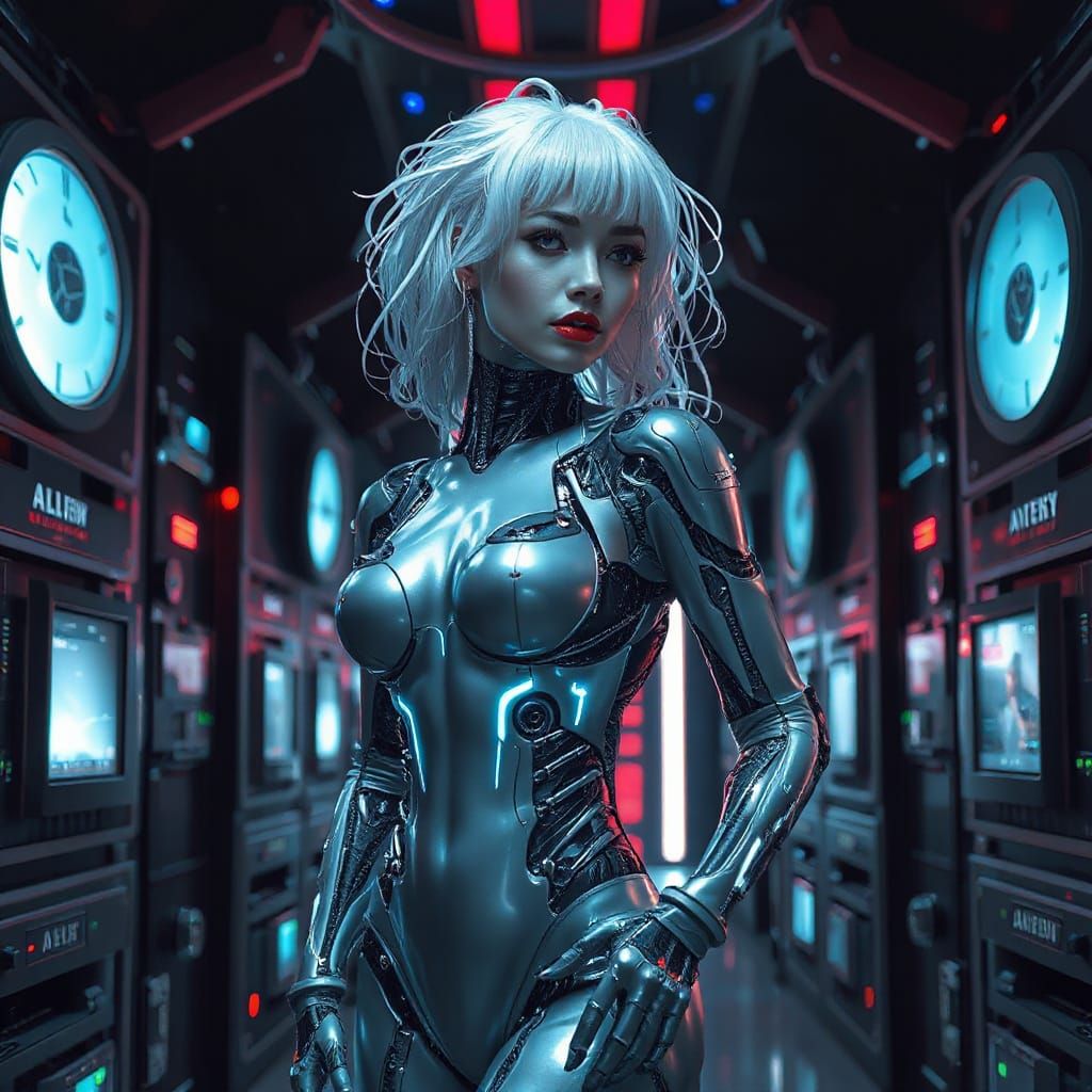 Sci-Fi Supermodel Android in Alien Computer Hub