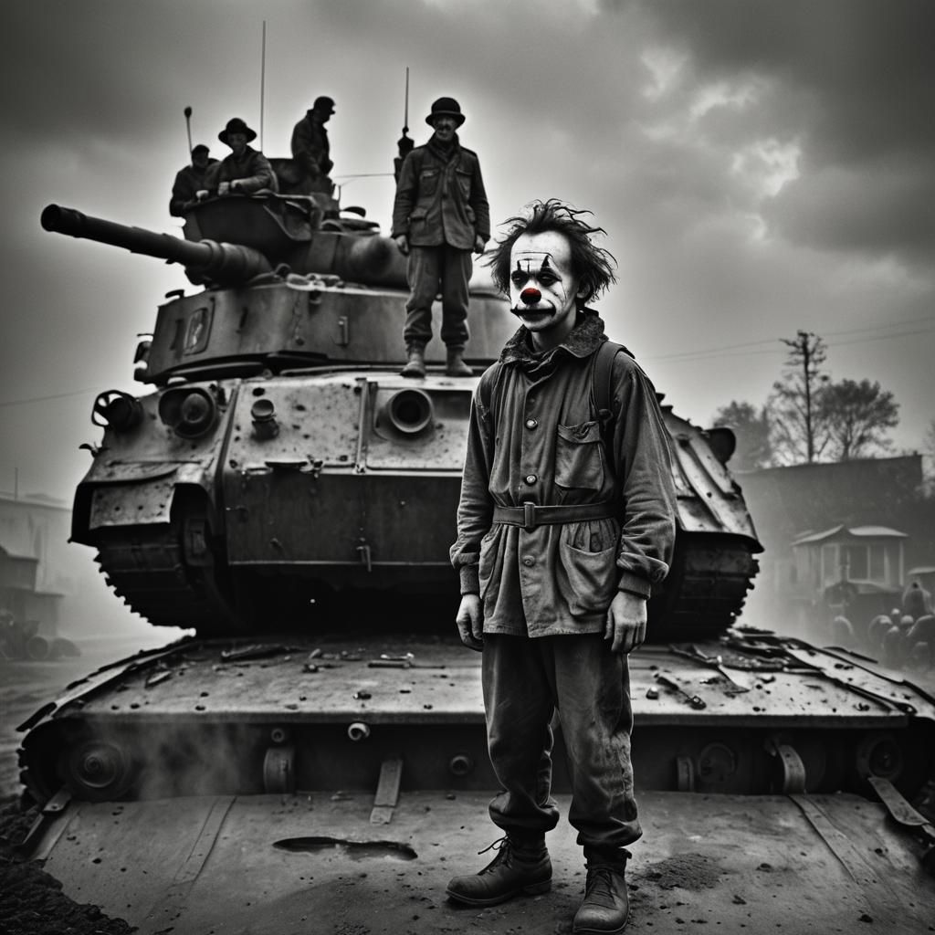Clown Standing on a World War 2 Tank in Black and White
