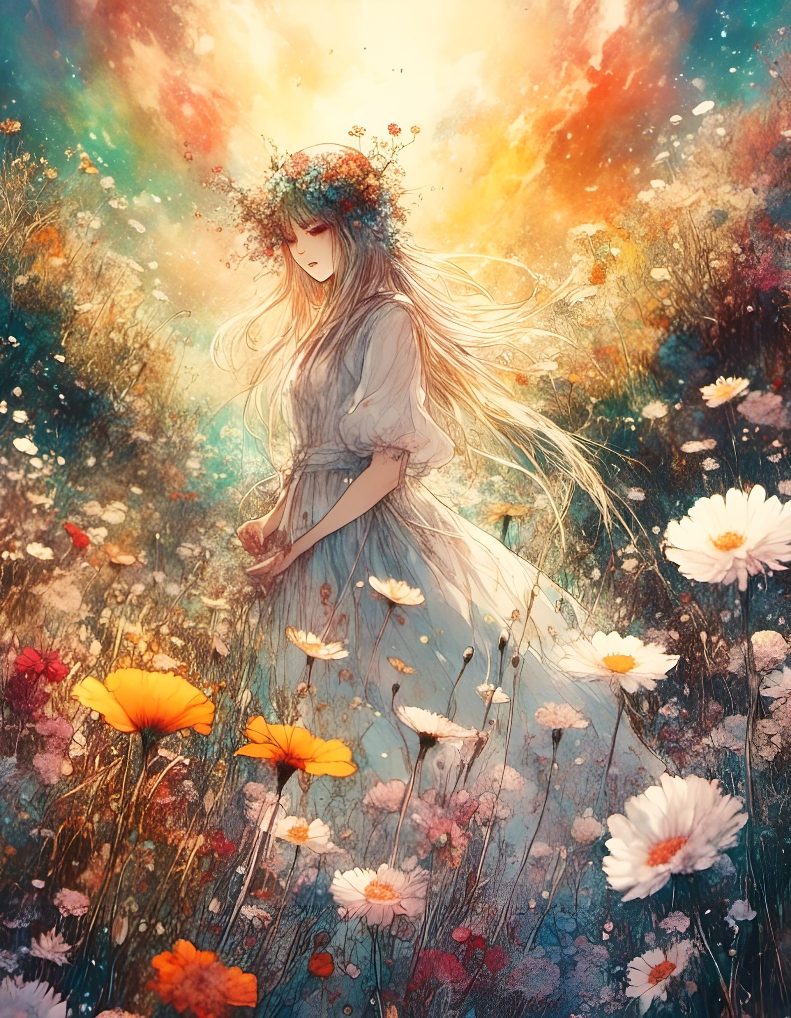 Anime Landscape with Crystal Hand in Rainbow Garden