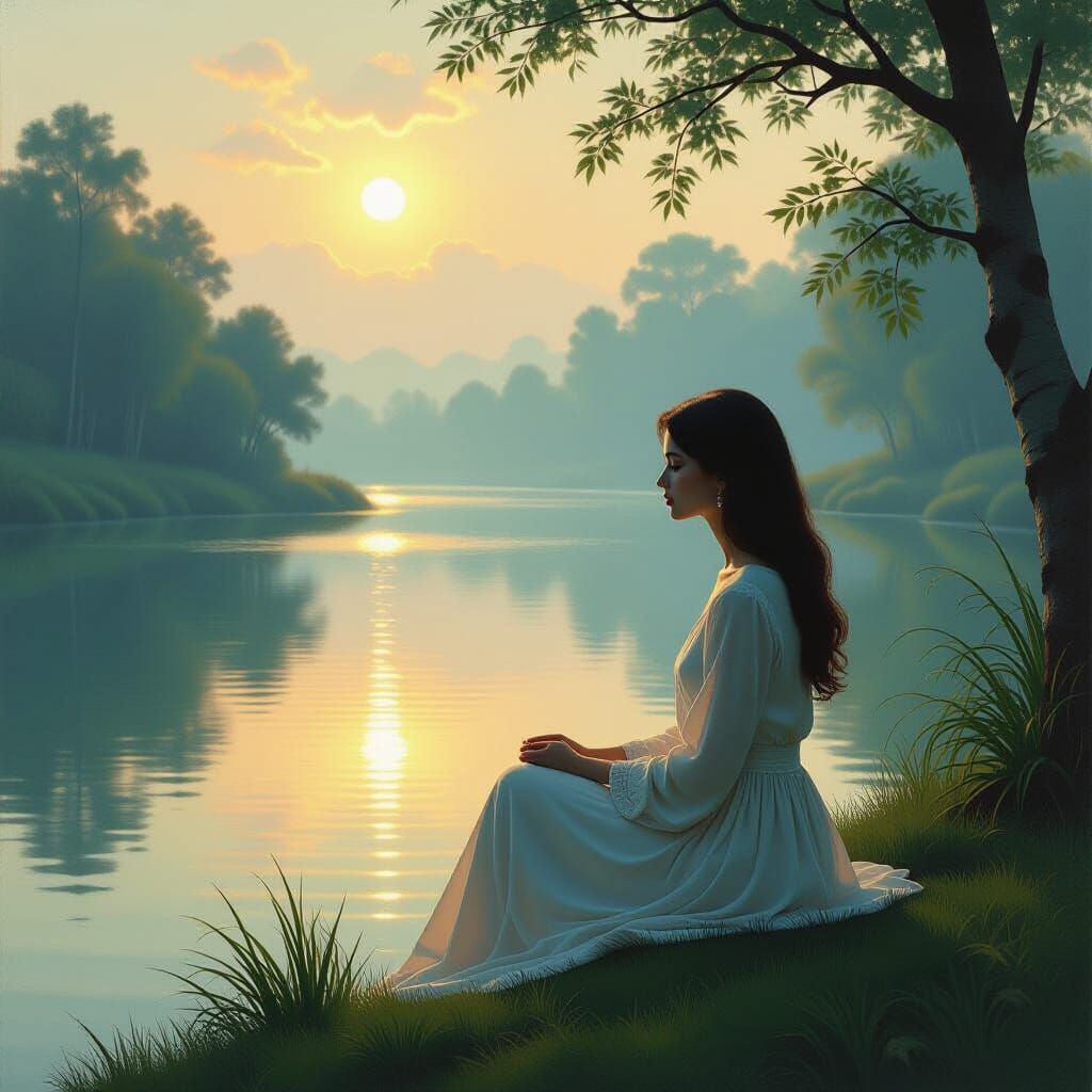 Serene Woman by Luminous River at Twilight