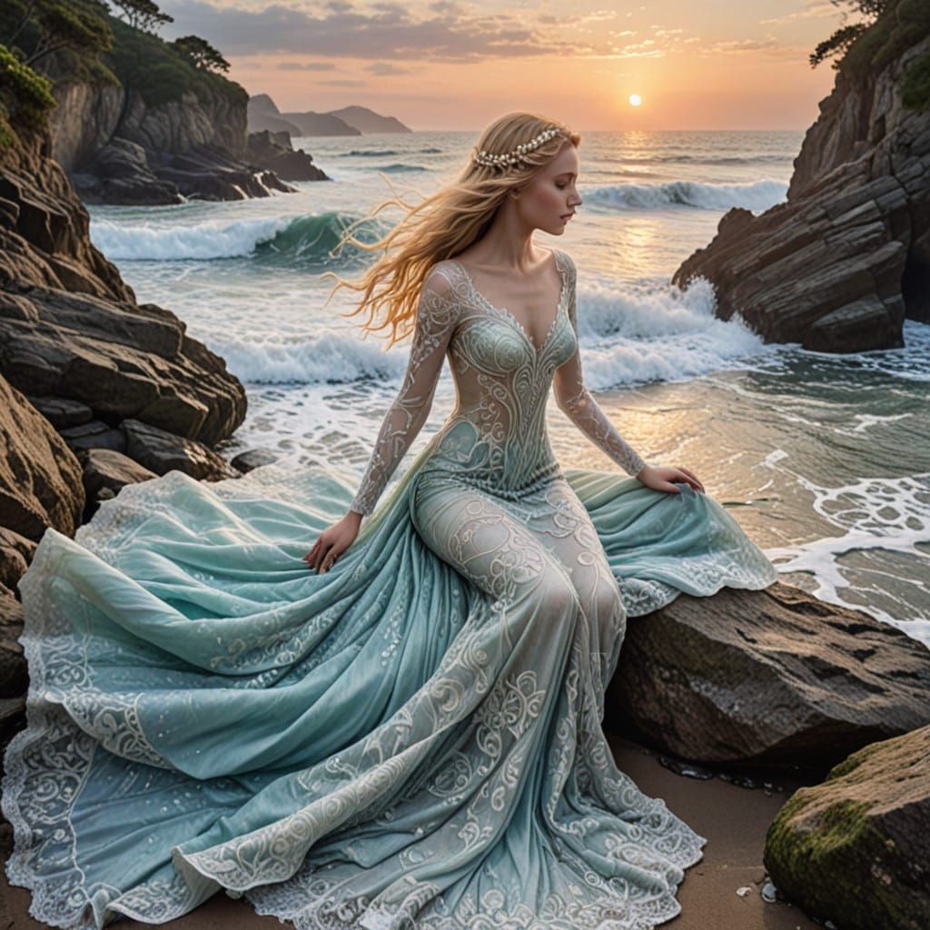 Serenely Elegant Woman in Iridescent Gown