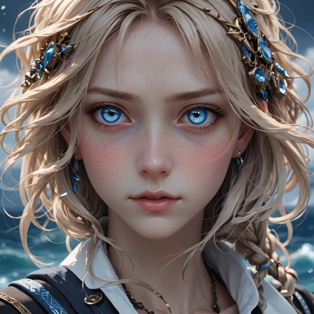 Anime Style Portrait with Atlantic Blue Eyes