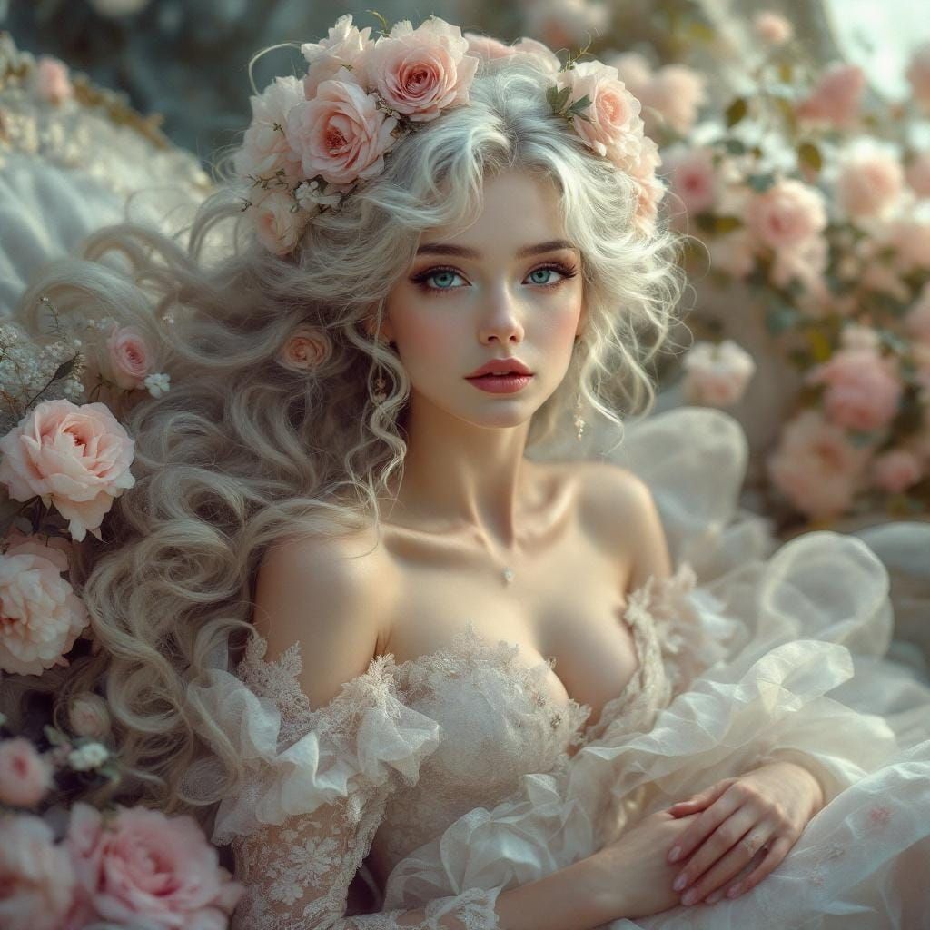 Baroque Lady with Roses and Stormy Hair