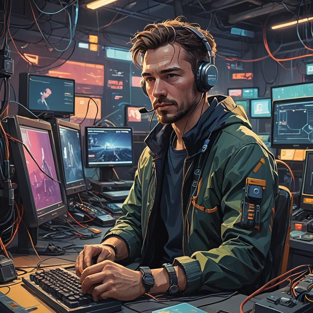 Cyberpunk Man Addicted to Social Media