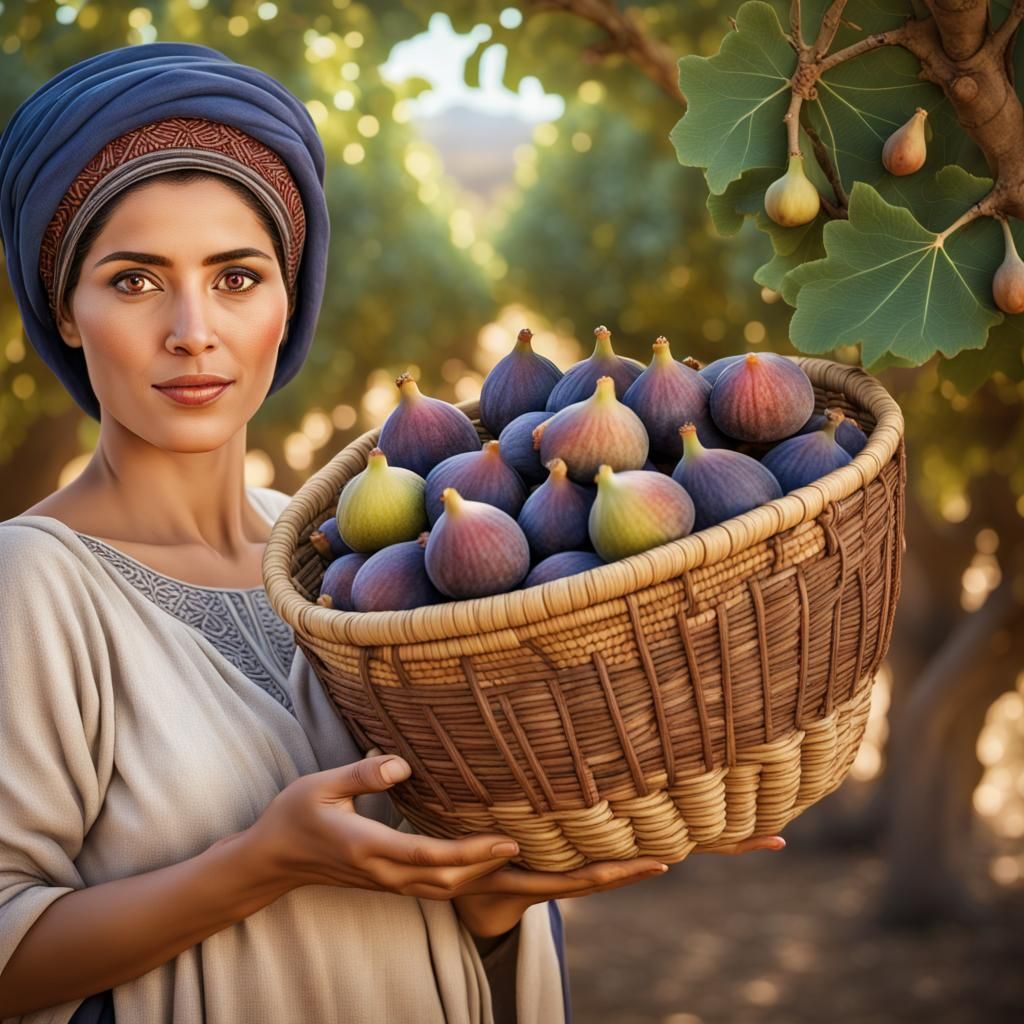 a beautiful berber woman holding one basket full of figs with her two hands, presenting it to the viewer, Hyperrealistic...
