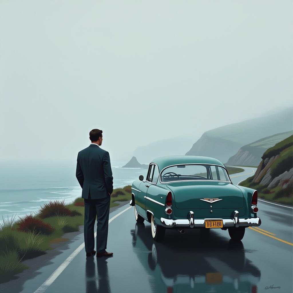 Man in Vintage Suit by Classic Car on Foggy Coast