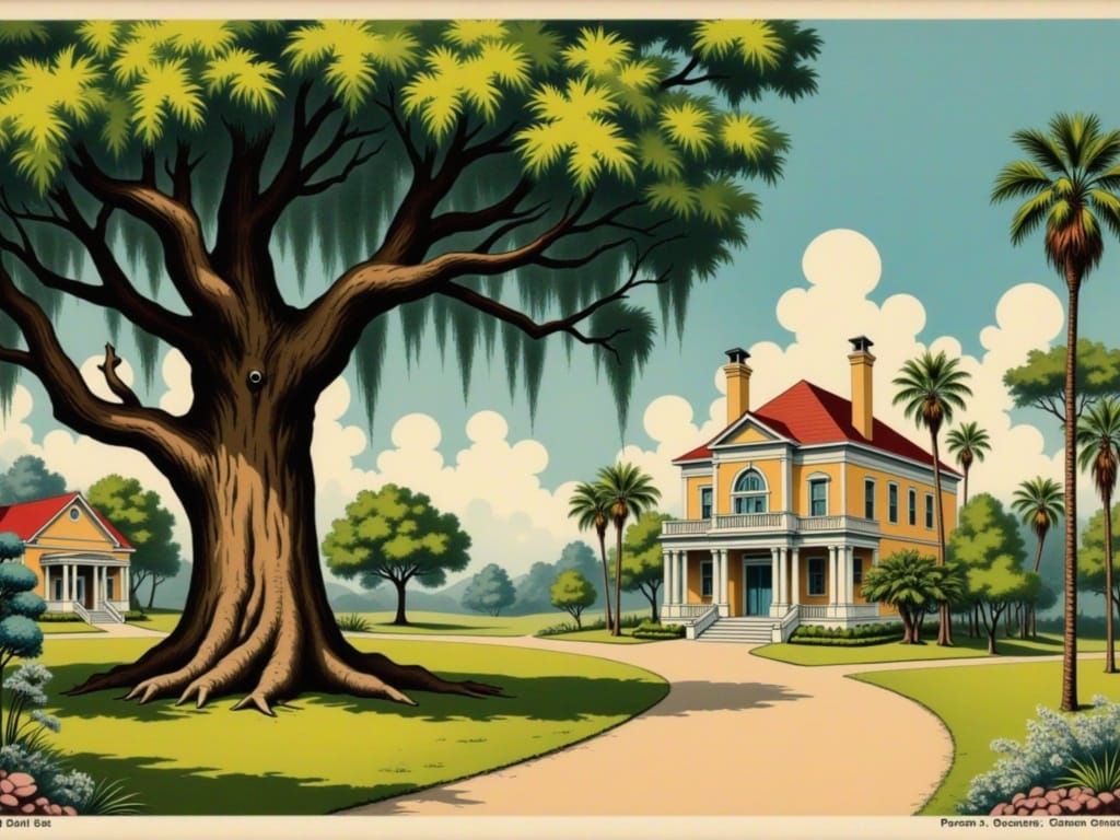 Vintage Savannah Landscape with Majestic Live Oak and Georgi...