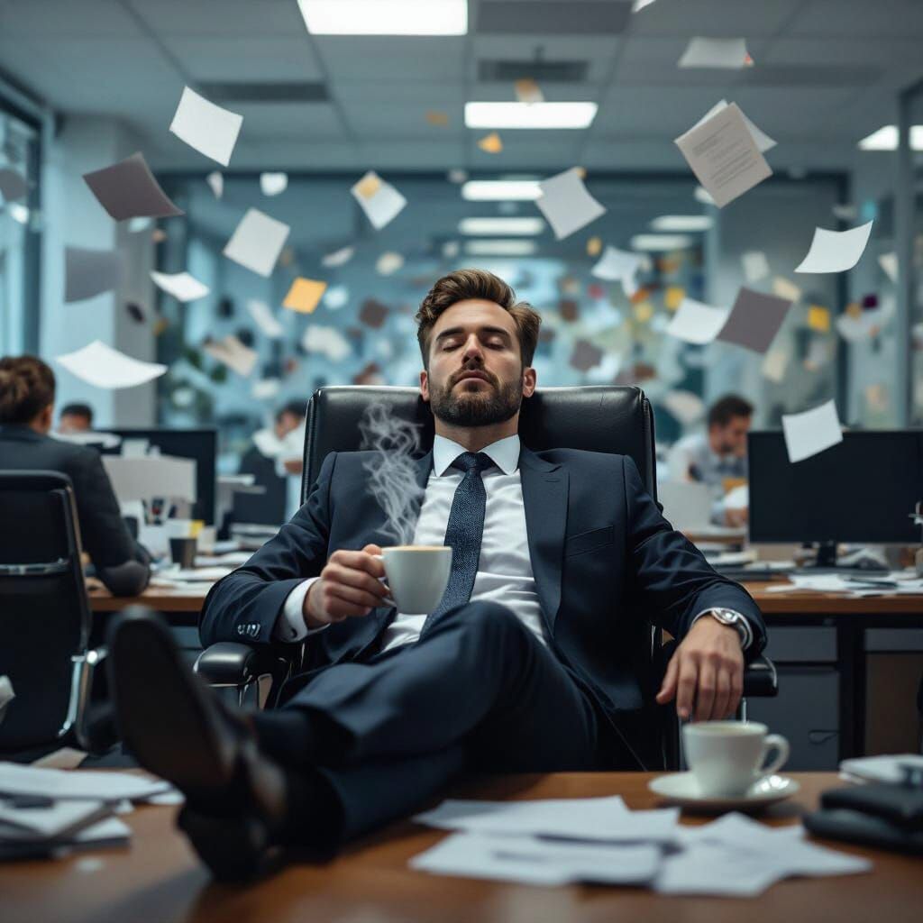 Man Relaxing at Chaotic Office Desk in Hyperrealistic Style