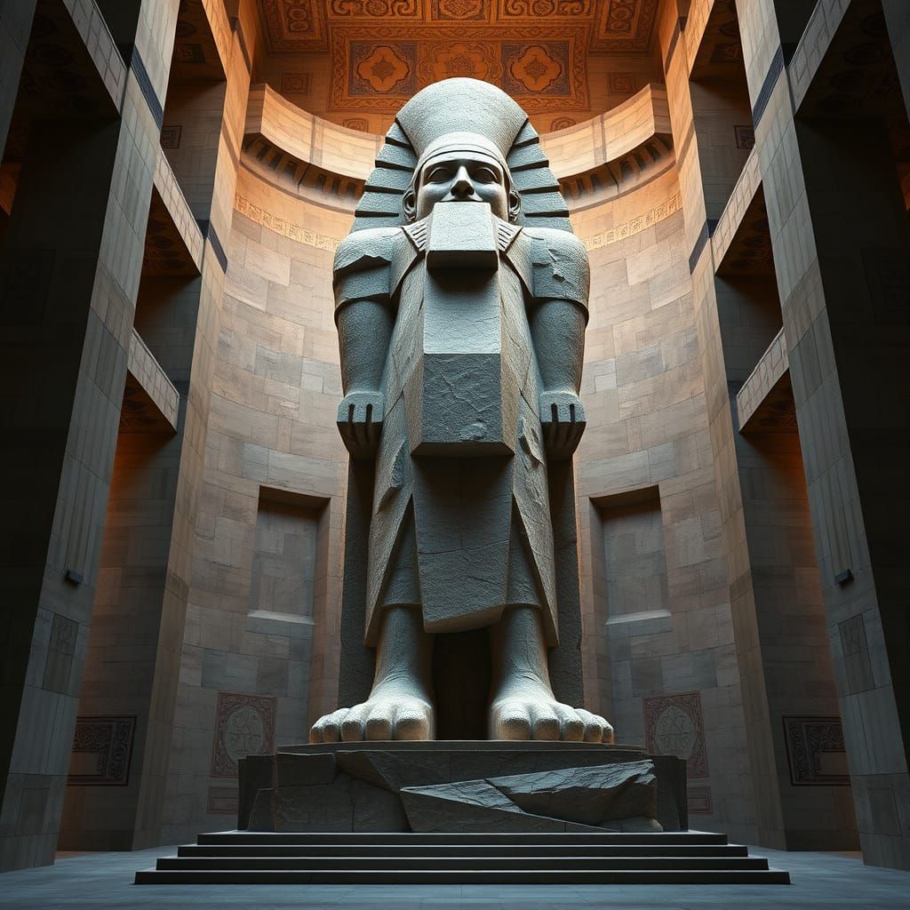 Colossal Stone Statue in Persian Brutalist Temple