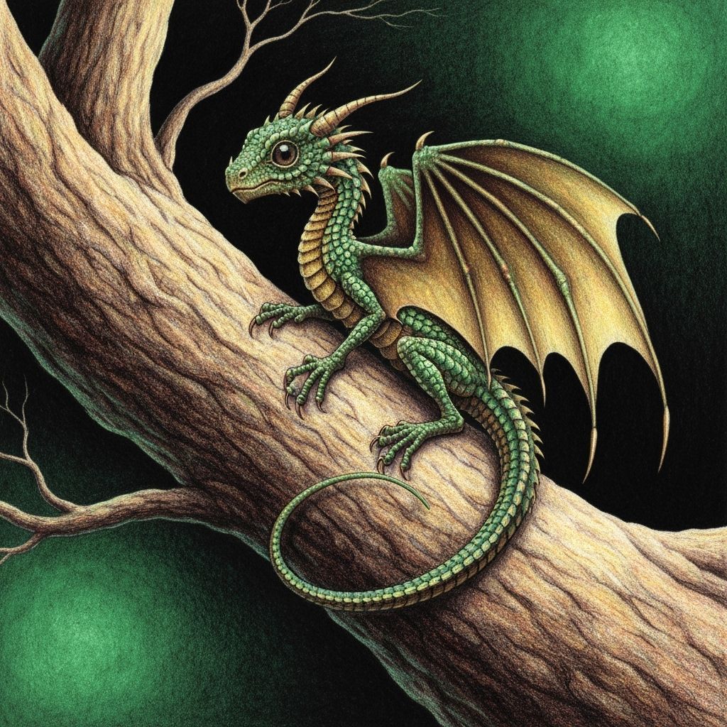 Tiny Dragon on Tree Limb in Deep Colors
