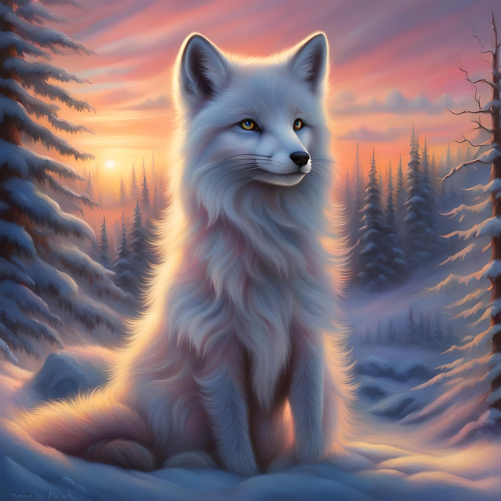 Arctic Fox at Winter Sunset in Pastel Colors