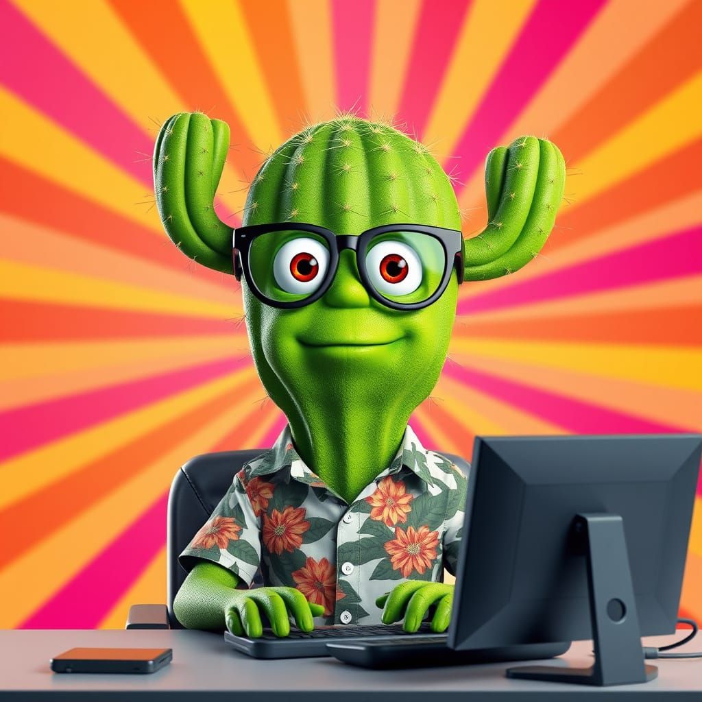 Cactus Character with Computer, 3D Digital Art Style